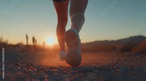 Woman's feet running on a desert trail at sunset.