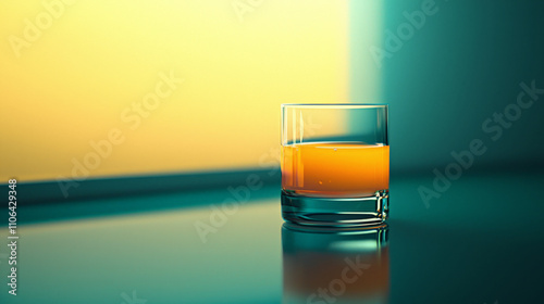 glass of carrot orange juice sits half empty on reflective surface, bathed in soft, ambient light, creating serene and refreshing atmosphere