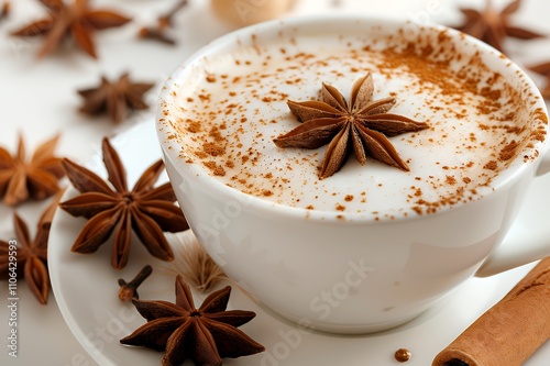 A cup of frothy beverage topped with star anise and cinnamon, surrounded by spices.