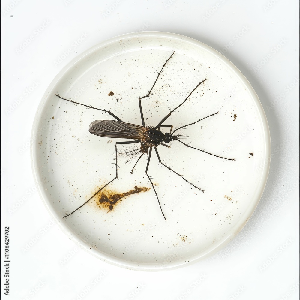 Large insect on dirty, round, white dish. Large insect on dirty, round, white dish.