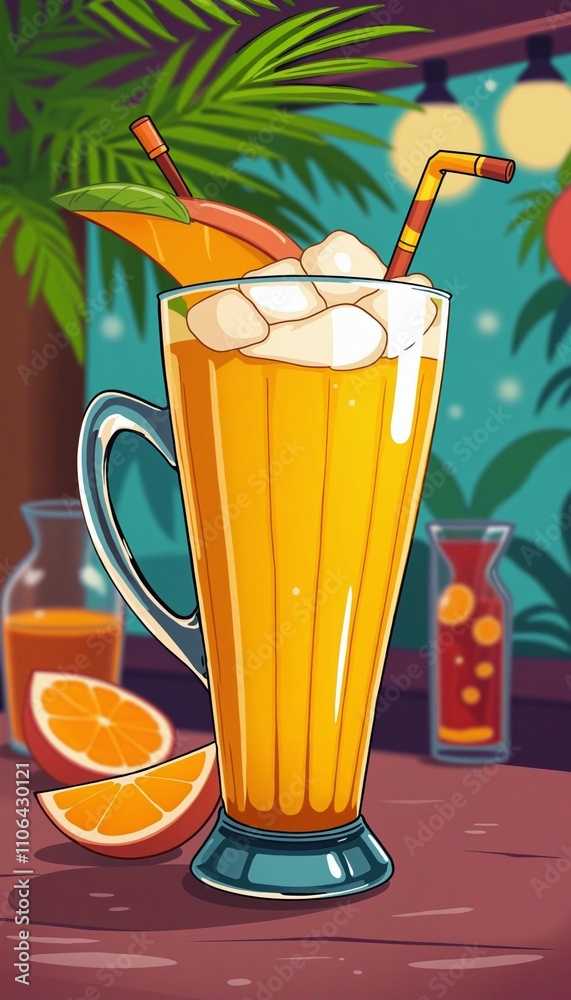cartoonish glass mug filled with Pisang Garuda