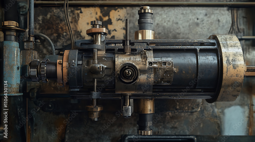 Industrial machine features a robotic pneumatic piston sucker, powered by compressed air for factory automation Industrial machine features a robotic pneumatic piston sucker, powered by compressed air for factory automation