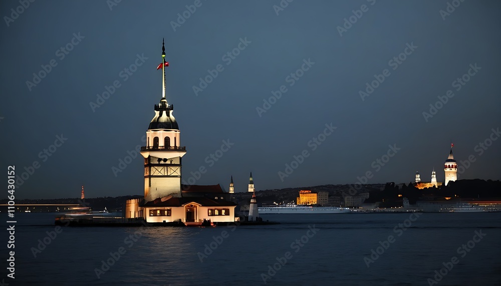 Night view of Kiz Kulesi Tower in Istanbul with Glowing Lights Night view of Kiz Kulesi Tower in Istanbul with Glowing Lights