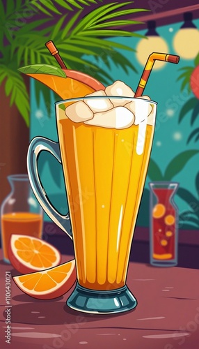 cartoonish glass mug filled with Pisang Garuda