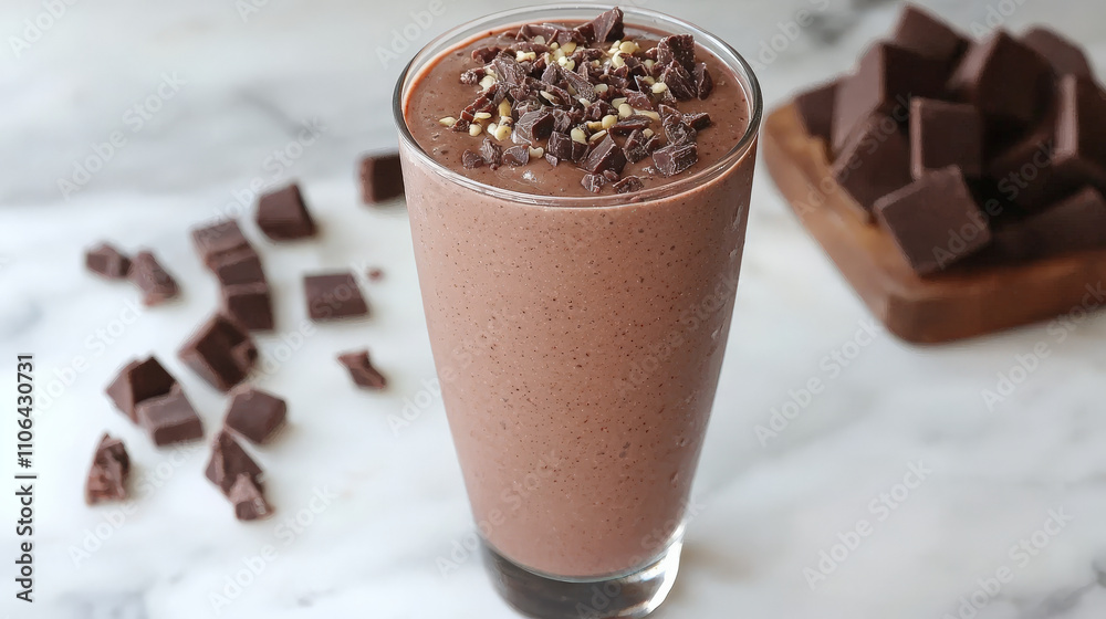 delicious chocolate smoothie topped with chopped nuts and chocolate pieces sits in glass on marble surface, surrounded by chunks of chocolate, creating tempting and indulgent scene delicious chocolate smoothie topped with chopped nuts and chocolate pieces sits in glass on marble surface, surrounded by chunks of chocolate, creating tempting and indulgent scene