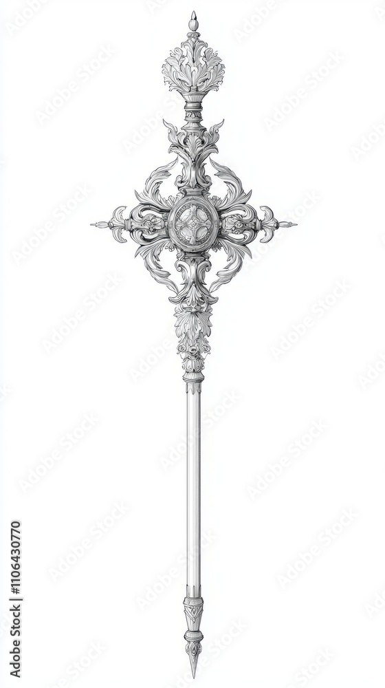 Regal Hand-Drawn Scepter: Intricate Neoclassic Design on Aged Paper Regal Hand-Drawn Scepter: Intricate Neoclassic Design on Aged Paper