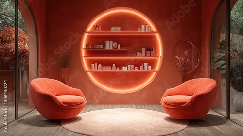 Orange room interior design with two armchairs, shelves, and neon circle.