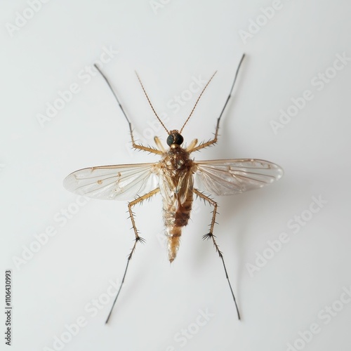 Brown insect, delicate wings, long legs, white background.