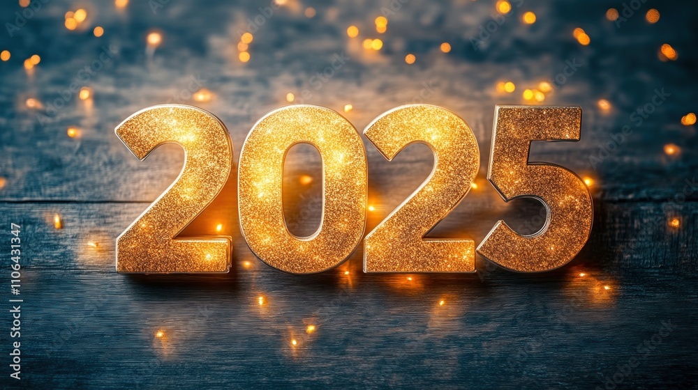 Celebrate the arrival of the new year 2025 with a sparkling golden display and warm light accents Celebrate the arrival of the new year 2025 with a sparkling golden display and warm light accents