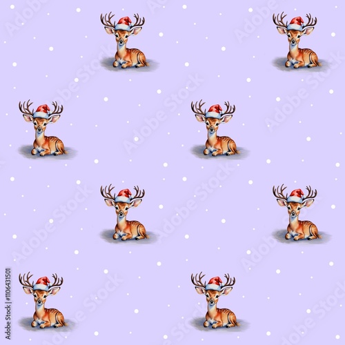 Chrestmas deer wearing Santa hat seamless pattern photo