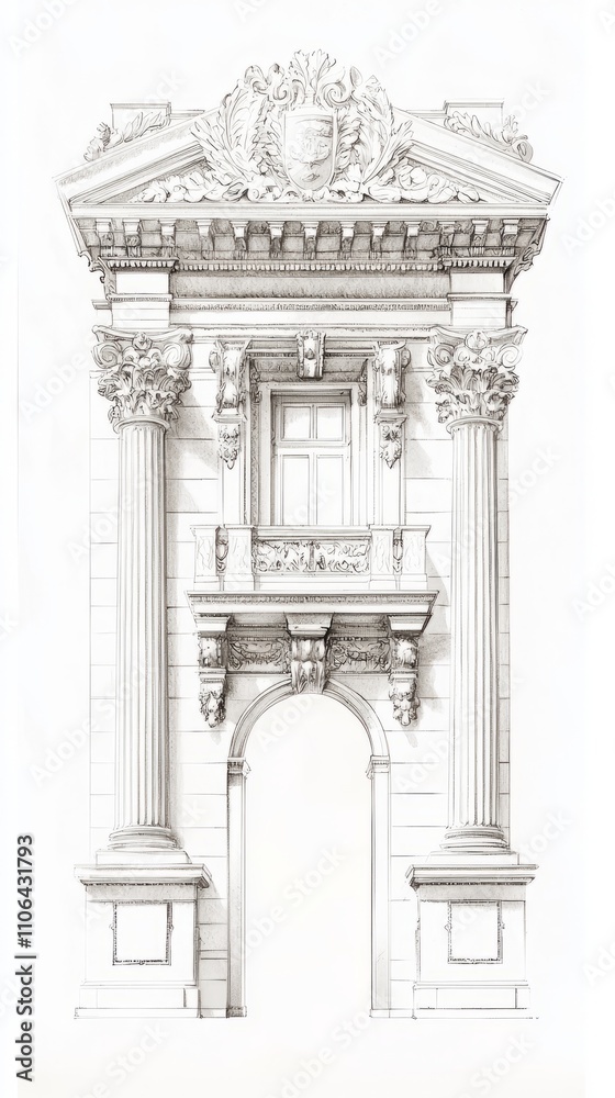 Intricately Detailed Pencil Sketch of Neoclassical Historic Palace Facade on Aged Paper - Black and White Artwork Intricately Detailed Pencil Sketch of Neoclassical Historic Palace Facade on Aged Paper - Black and White Artwork