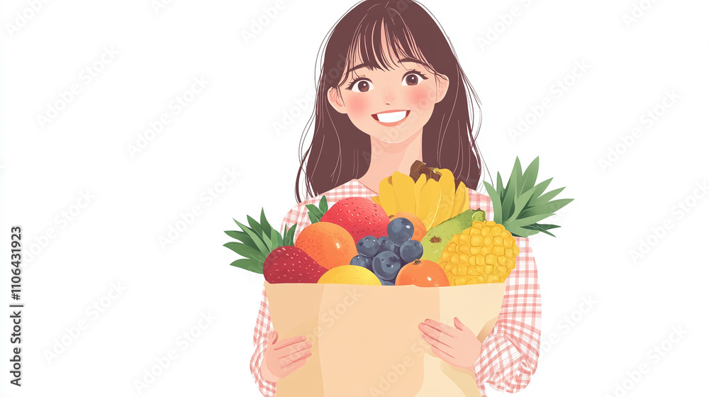 Portrait of happy smiling young beautiful woman holding a bag full of various different fruits, isolated on a white background. supermarket grocery shopping, girl healthy retail store food buy. Portrait of happy smiling young beautiful woman holding a bag full of various different fruits, isolated on a white background. supermarket grocery shopping, girl healthy retail store food buy.