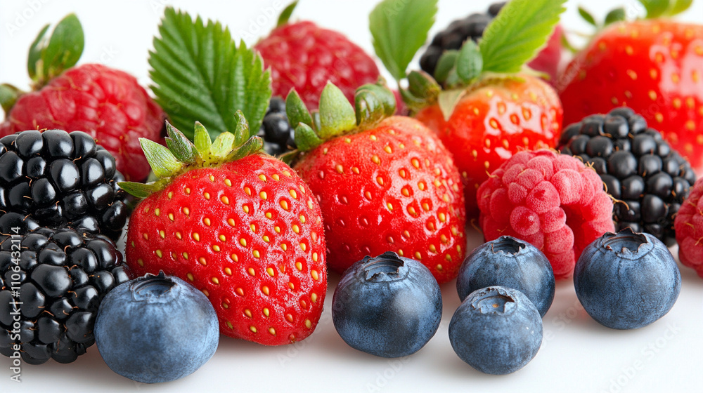 Detail of fresh berries highlighting natural textures with white background.