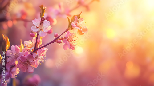 Close up of blooming apricot tree branches in spring blurred background