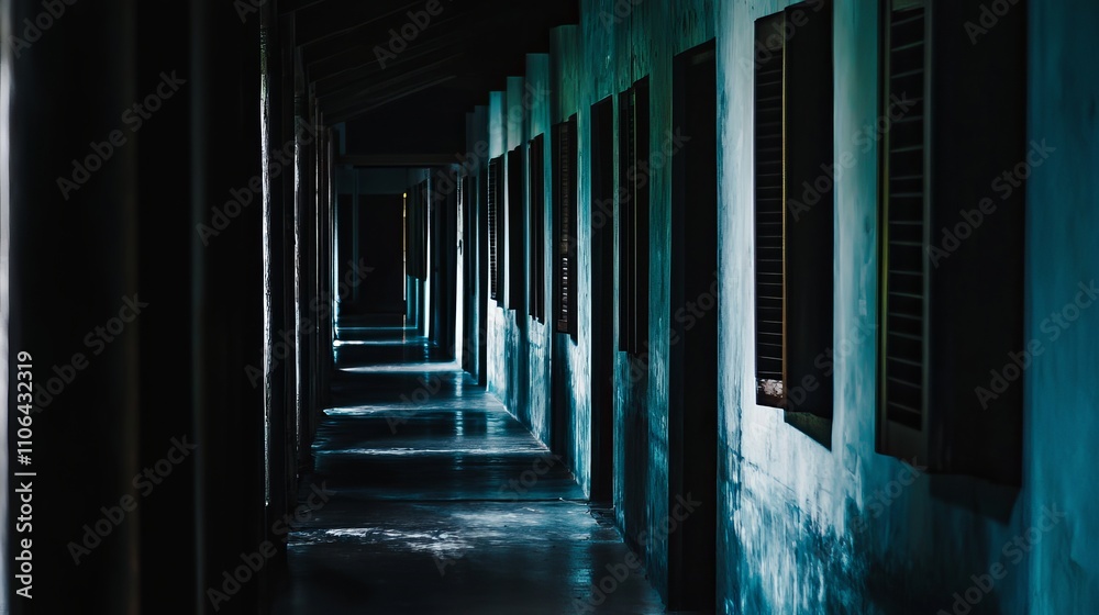 A dimly lit corridor with blue and green hues, featuring windows casting soft shadows on the floor. A dimly lit corridor with blue and green hues, featuring windows casting soft shadows on the floor.