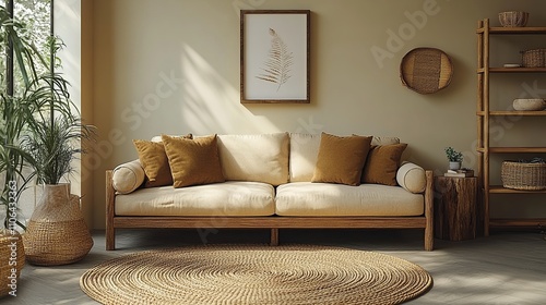 Beige sofa with brown cushions in a minimalist living room with natural light, wooden furniture, and plants.