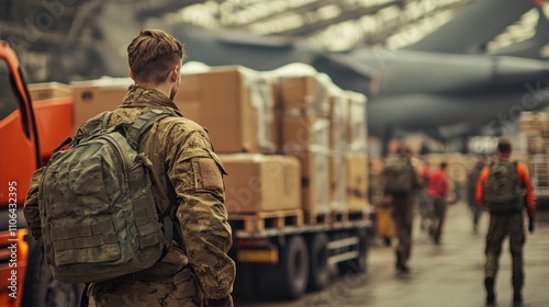 Soldier with Backpack in Military Cargo Base