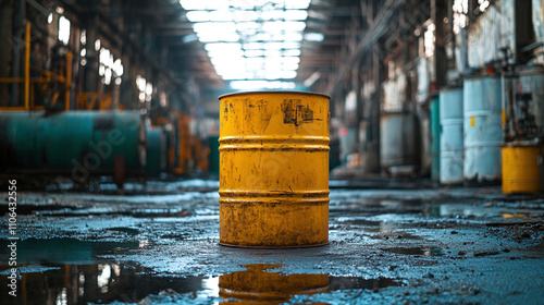 Yellow barrel with toxic and dangerous chemical fuel, green industrial liquid waste on the floor of an empty old warehouse. gallon or container with radioactive substance, biohazard caution, pollution photo