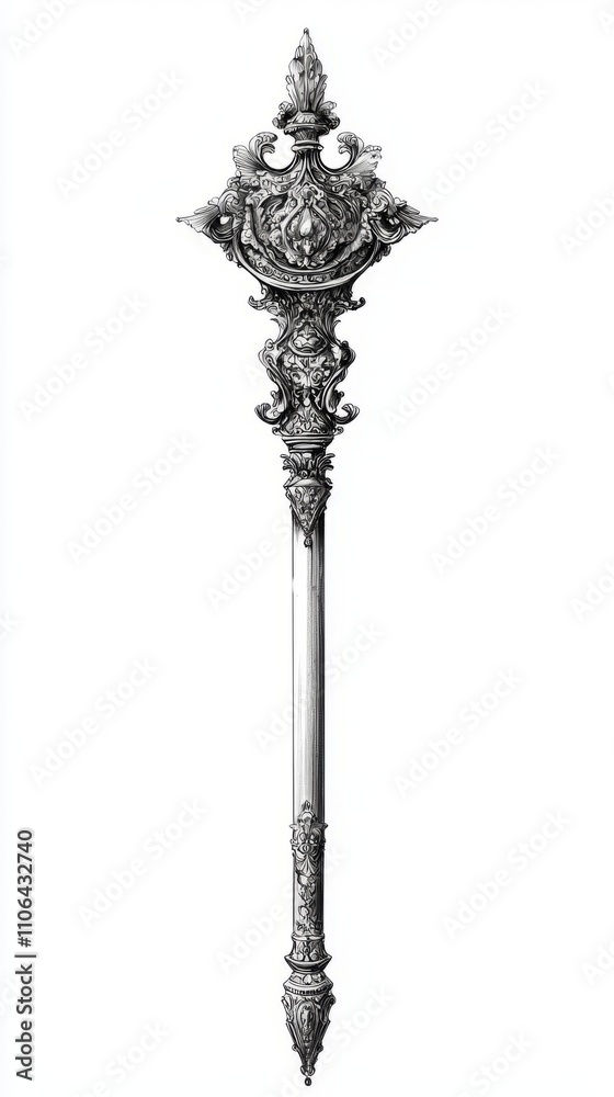 Majestic Neoclassical Ruler's Scepter Hand-drawn Artwork on Aged Paper in Black and White