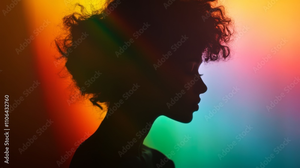 Silhouette of a woman with curly hair, illuminated by colorful lights.