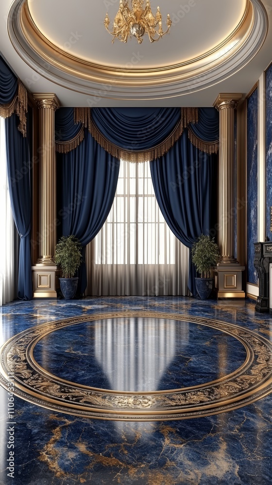 Obraz premium Luxurious living room with blue and gold decor, featuring large windows, ornate columns, and a circular blue marble floor.