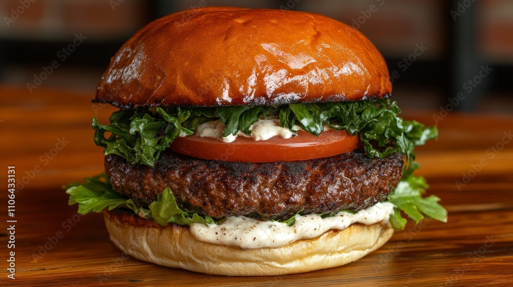 A delicious burger with fresh lettuce, tomato, and creamy sauce on a toasted bun. A delicious burger with fresh lettuce, tomato, and creamy sauce on a toasted bun.