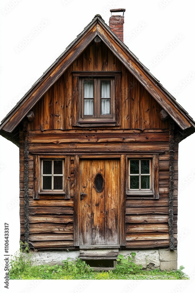 Rustic wooden cabin, small windows, weathered. Rustic wooden cabin, small windows, weathered.