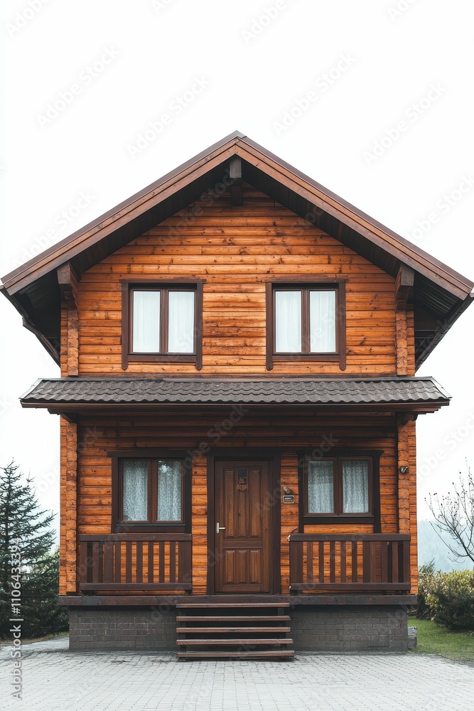 Wooden house, gabled roof, small porch, brick base. Wooden house, gabled roof, small porch, brick base.