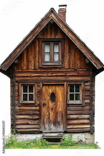 Rustic wooden cabin, small windows, weathered.