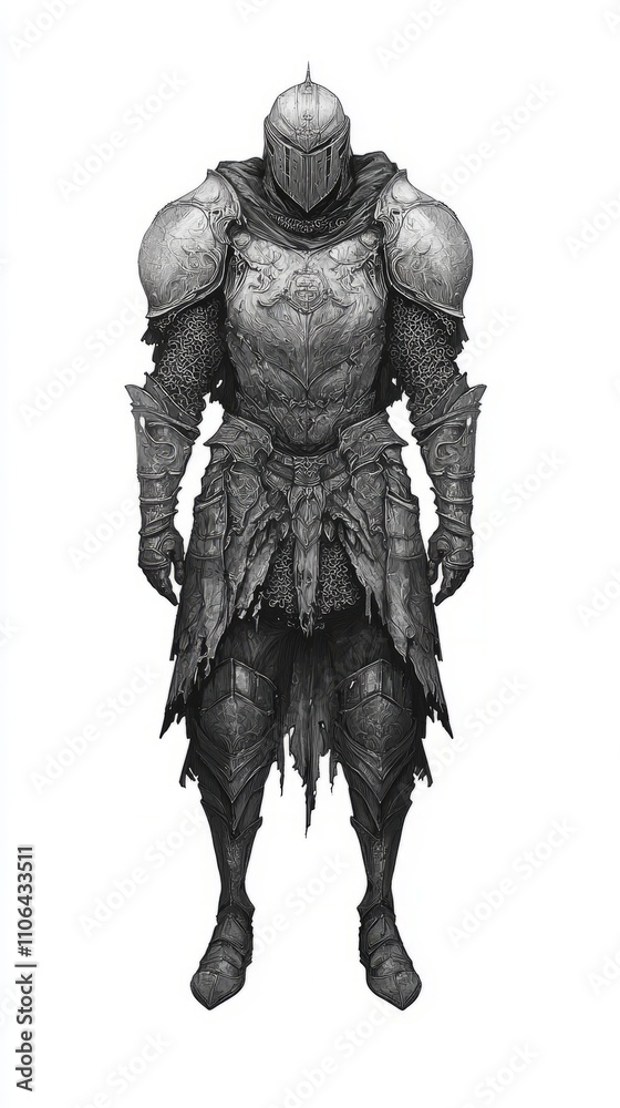Fototapeta premium Noble Warrior in Intricate Armor - Hand-Drawn Black and White Artwork on Aged White Paper