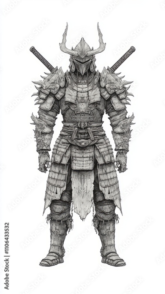 Noble Warrior in Detailed Armor - Hand-Drawn Artwork on Aged Paper | Black and White Illustration of Sovereignty and Strength Noble Warrior in Detailed Armor - Hand-Drawn Artwork on Aged Paper | Black and White Illustration of Sovereignty and Strength