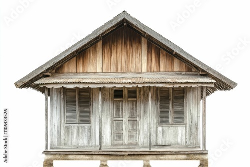 Weathered wooden house, gabled roof, raised platform.