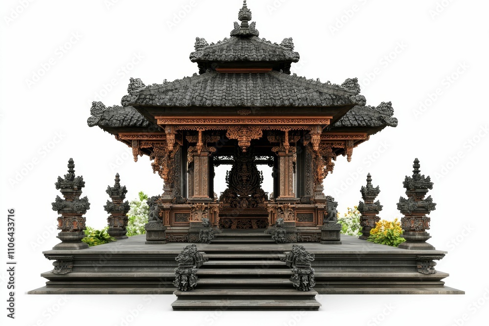 Ornate pavilion, stone steps, intricate carvings, tropical plants. Ornate pavilion, stone steps, intricate carvings, tropical plants.