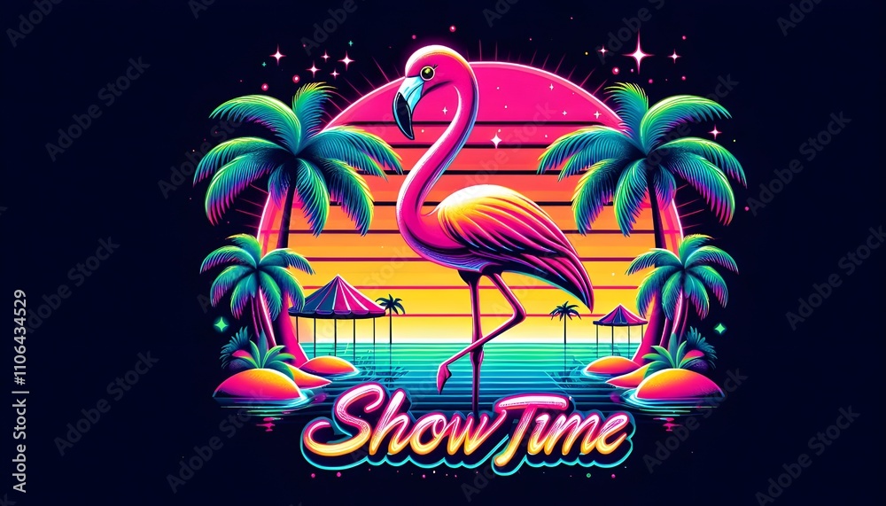 Naklejka premium Retro Flamingo Sunset with Palm Trees 