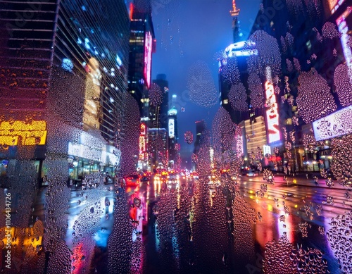 Double exposure of wet glass with neon signs from a busy downtown area photo