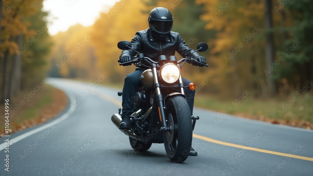 Adventurous ride through autumn foliage on an open road at dusk Adventurous ride through autumn foliage on an open road at dusk