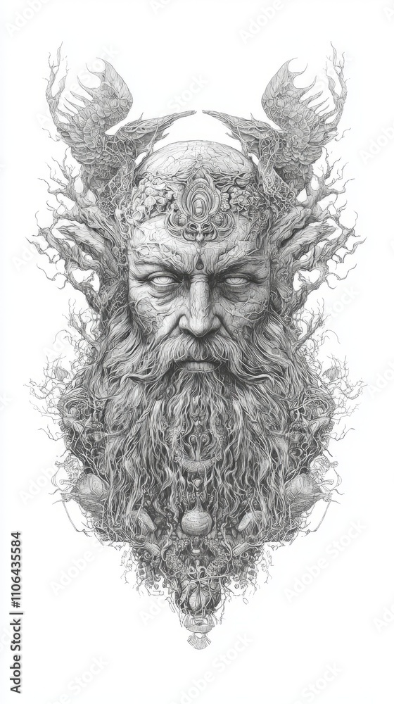 Obraz premium Portrait of a Wise Sage on Aged Paper - Detailed Hand-drawn Illustration Symbolizing Knowledge and Sovereignty in Black and White
