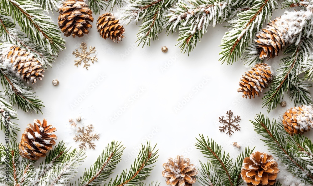 Naklejka premium Pine branches and snowflakes arranged as a border along the top and bottom of the image