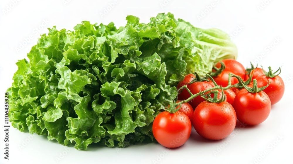 Fresh Green Lettuce and Red Tomatoes on White Background Fresh Green Lettuce and Red Tomatoes on White Background