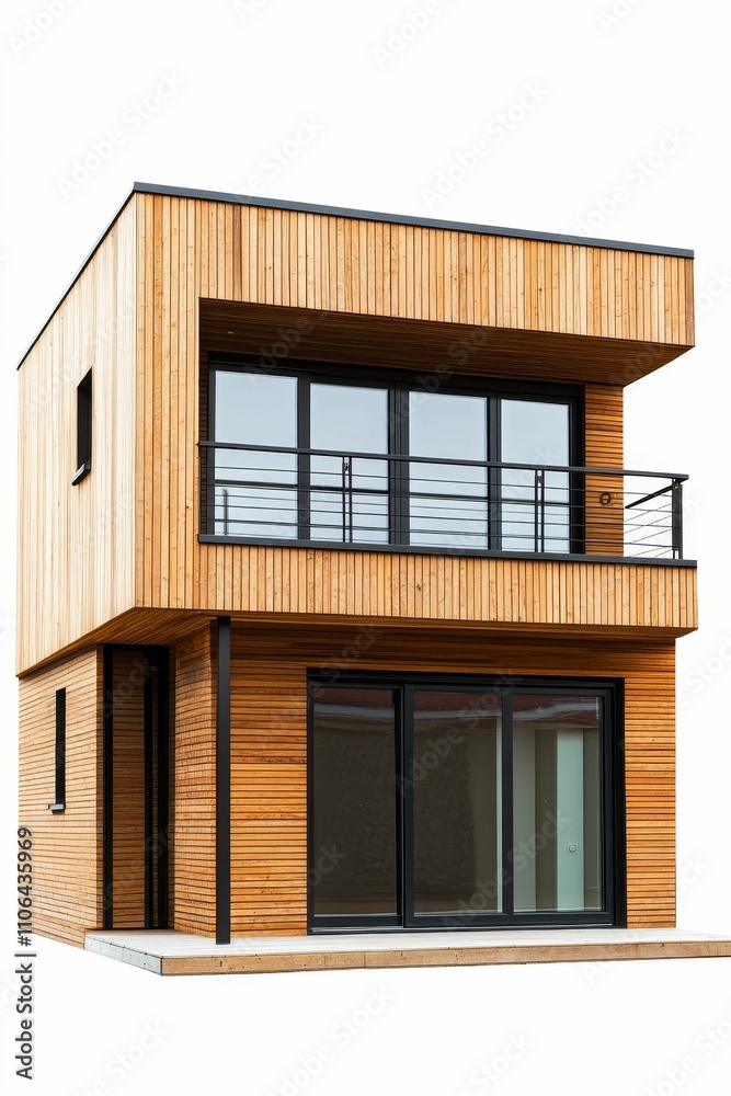 Fototapeta premium Modern wood-sided house, balcony, large windows.