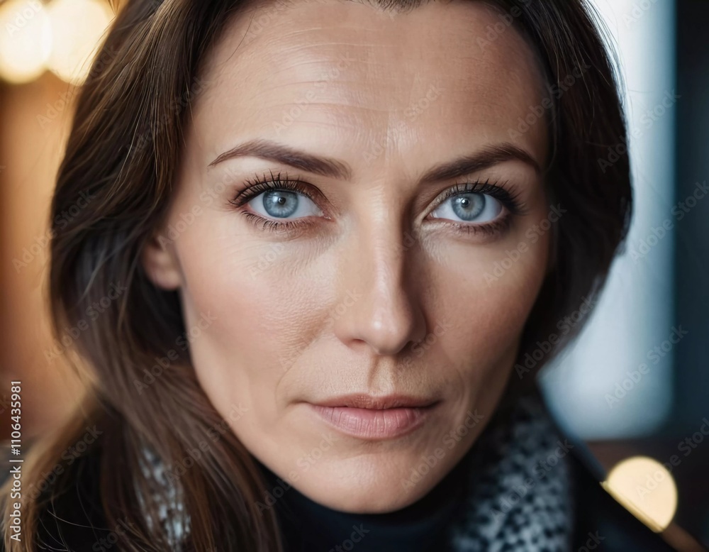 Middle-aged woman, wavy brown hair, captivating blue eyes. She stands confidently exuding grace and poise. A resident of Russia, a woman 40-50 years old. Portrait of an ordinary woman. Generative AI Middle-aged woman, wavy brown hair, captivating blue eyes. She stands confidently exuding grace and poise. A resident of Russia, a woman 40-50 years old. Portrait of an ordinary woman. Generative AI