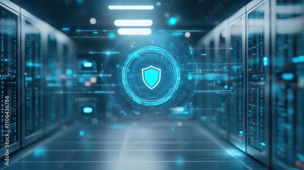 A futuristic data center with holographic projections of cybersecurity shields, Digital, Blue and Grey Palette, HighTech Render A futuristic data center with holographic projections of cybersecurity shields, Digital, Blue and Grey Palette, HighTech Render