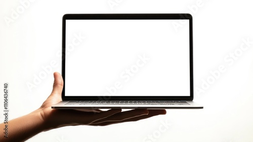 Laptop Mockup: Hand Holding a Blank Screen Laptop Computer, White Background