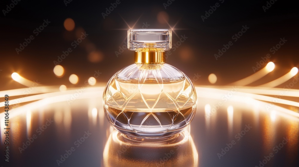 Luxury perfume bottle, sleek glass design, gold accents, dramatic spotlight Luxury perfume bottle, sleek glass design, gold accents, dramatic spotlight
