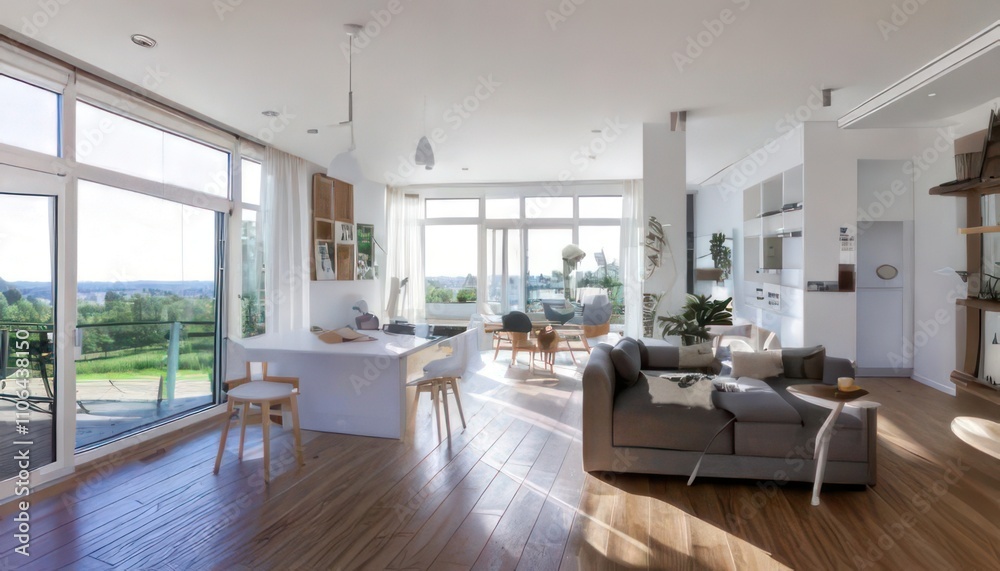 Elegant White Apartment Interior in Wide-Angle View 3D Rendering Elegant White Apartment Interior in Wide-Angle View 3D Rendering