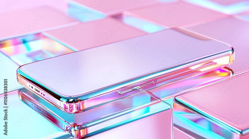 Luxury phone on reflective surface, surrounded by minimal geometric shapes Luxury phone on reflective surface, surrounded by minimal geometric shapes