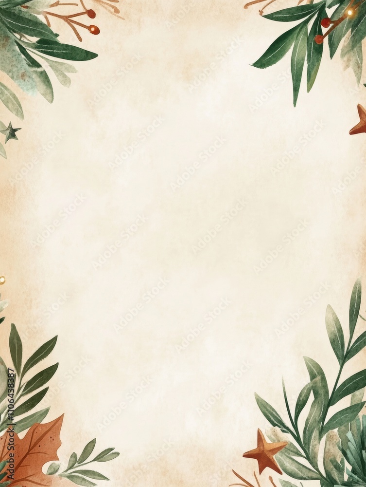 Watercolor frame of muted green Christmas foliage, light beige background with brown stars and gems. Watercolor frame of muted green Christmas foliage, light beige background with brown stars and gems.