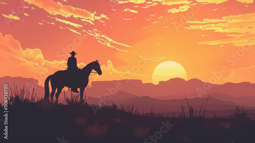 Abstract scene background with a western design and a cowboy on a horse