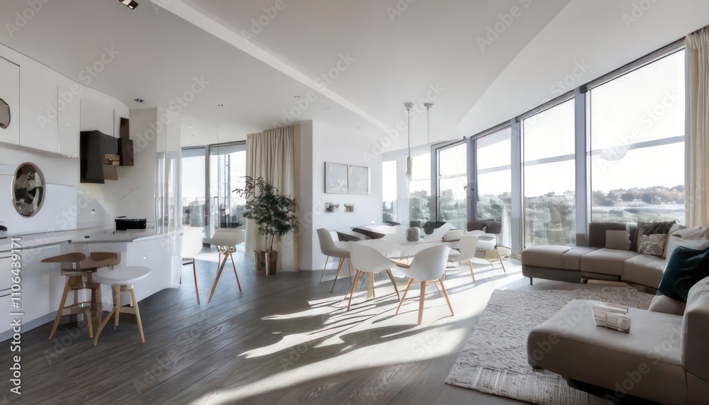 Elegant White Apartment Interior in Wide-Angle View 3D Rendering Elegant White Apartment Interior in Wide-Angle View 3D Rendering