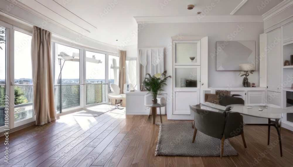 Elegant White Apartment Interior in Wide-Angle View 3D Rendering Elegant White Apartment Interior in Wide-Angle View 3D Rendering